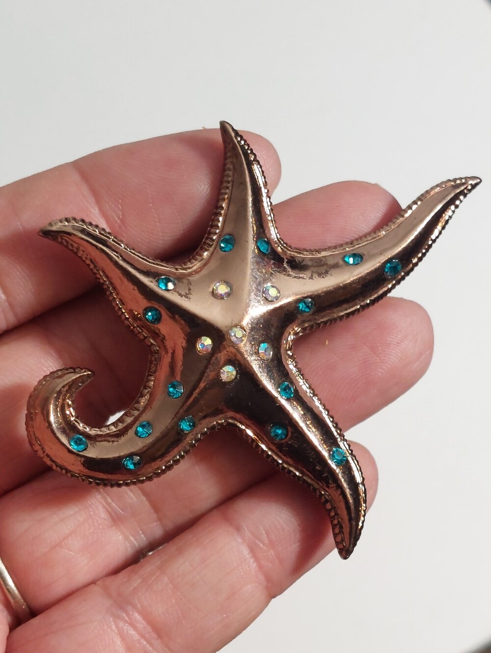 Gold Starfish Brooch with Teal and Aurora Rhinestones